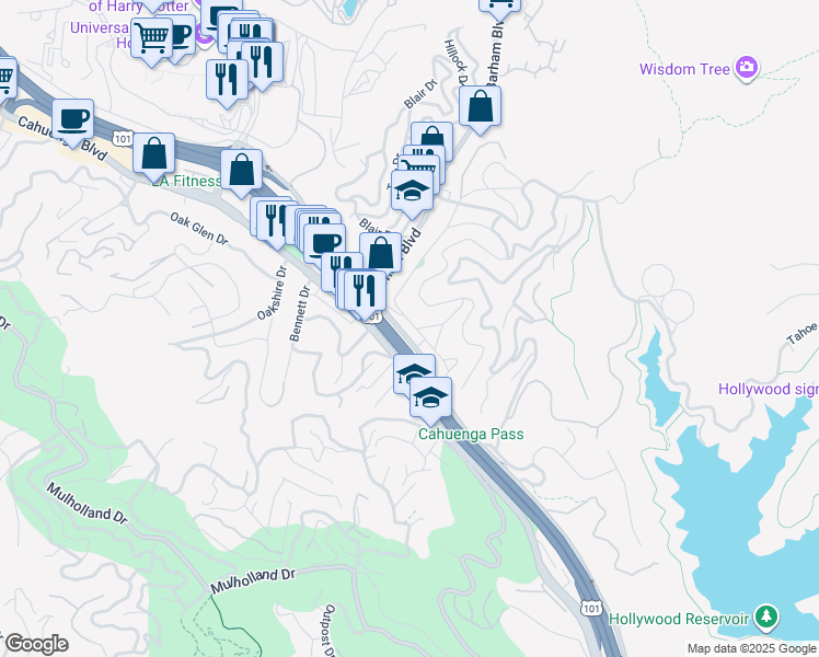 map of restaurants, bars, coffee shops, grocery stores, and more near 3121 Hollycrest Drive in Los Angeles