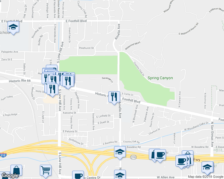 map of restaurants, bars, coffee shops, grocery stores, and more near 2269 Shady Oaks Road in Glendora