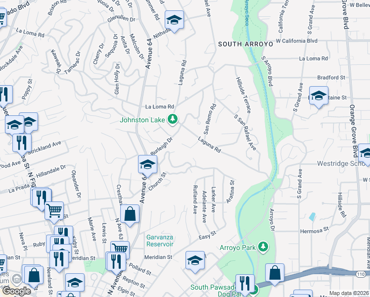 map of restaurants, bars, coffee shops, grocery stores, and more near 970 Ellington Lane in Pasadena