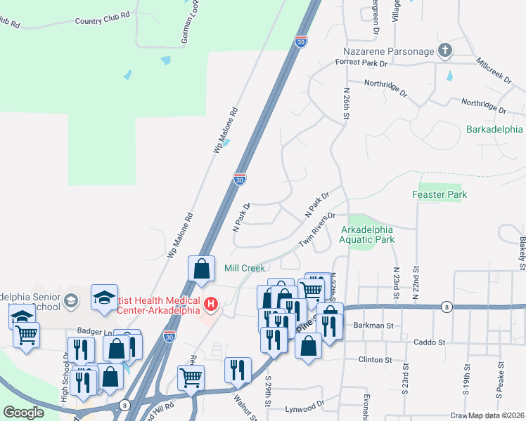 map of restaurants, bars, coffee shops, grocery stores, and more near 410 North Park Drive in Arkadelphia