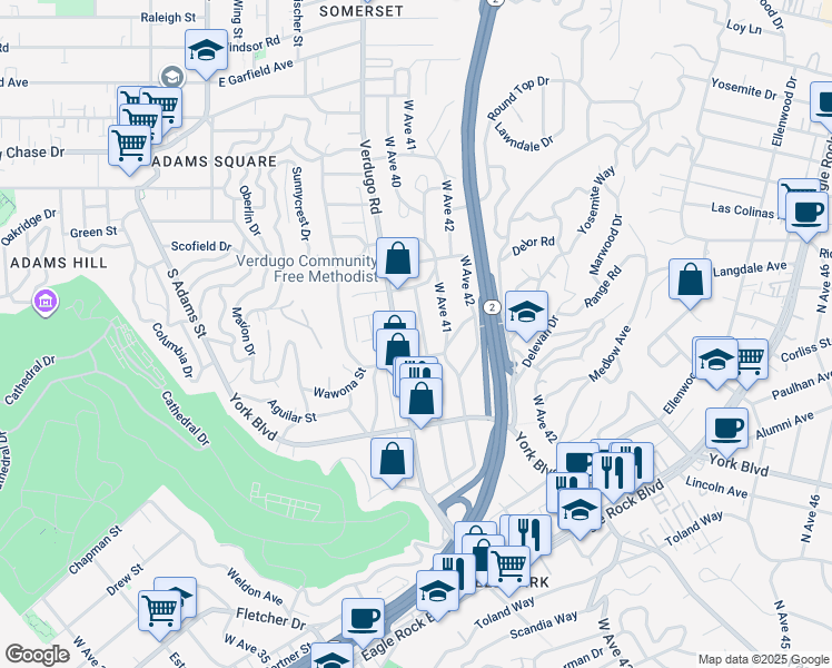 map of restaurants, bars, coffee shops, grocery stores, and more near 4225 West Ave 40 in Los Angeles