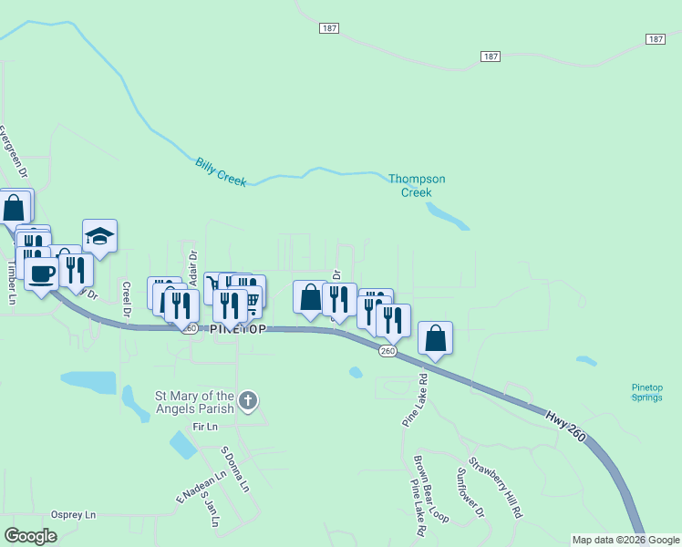 map of restaurants, bars, coffee shops, grocery stores, and more near 1343 South McCoy Drive in Pinetop-Lakeside