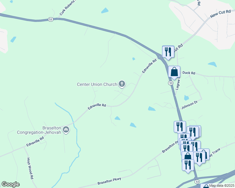 map of restaurants, bars, coffee shops, grocery stores, and more near 98 Ednaville Circle in Braselton
