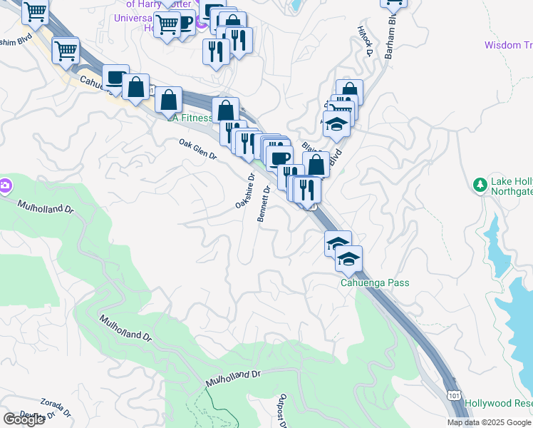 map of restaurants, bars, coffee shops, grocery stores, and more near 3364 Bennett Drive in Los Angeles
