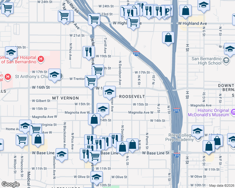 map of restaurants, bars, coffee shops, grocery stores, and more near 1178 West Evans Street in San Bernardino