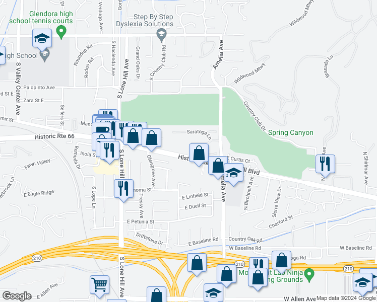map of restaurants, bars, coffee shops, grocery stores, and more near 2211 Swiftwater Way in Glendora