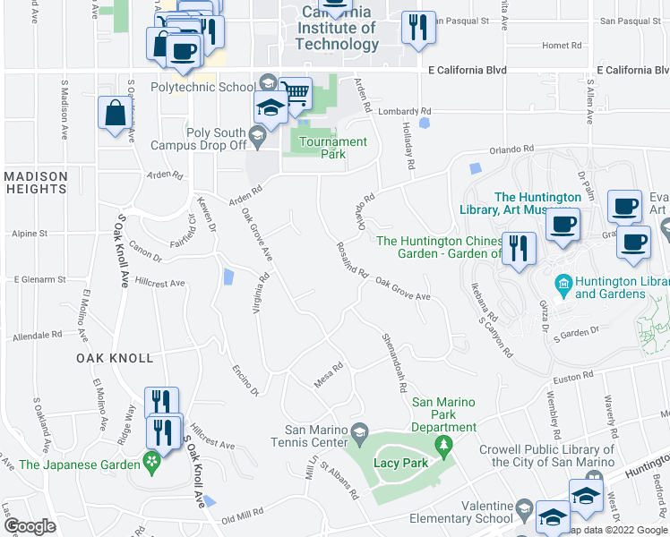 map of restaurants, bars, coffee shops, grocery stores, and more near 1001 Rosalind Road in San Marino