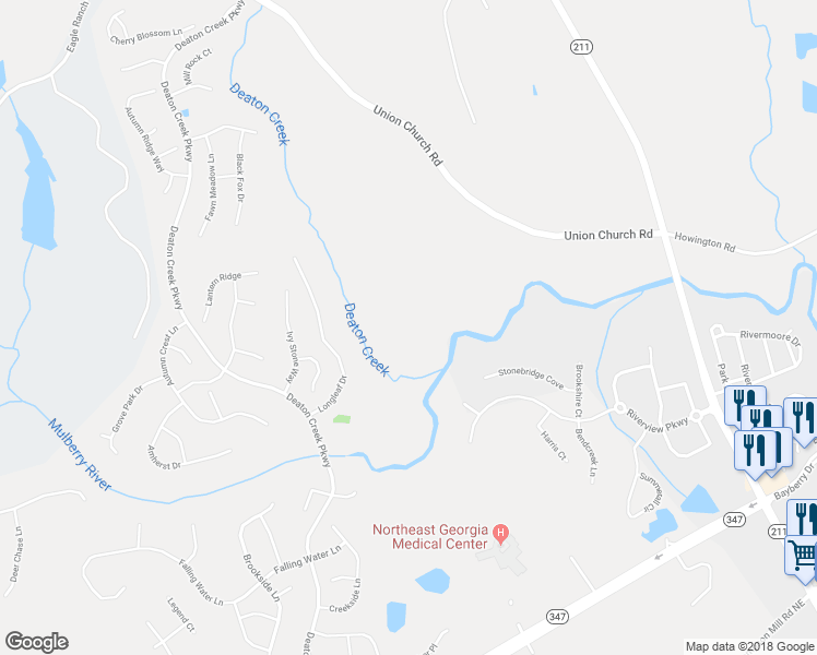 map of restaurants, bars, coffee shops, grocery stores, and more near 5836 Union Church Road in Braselton