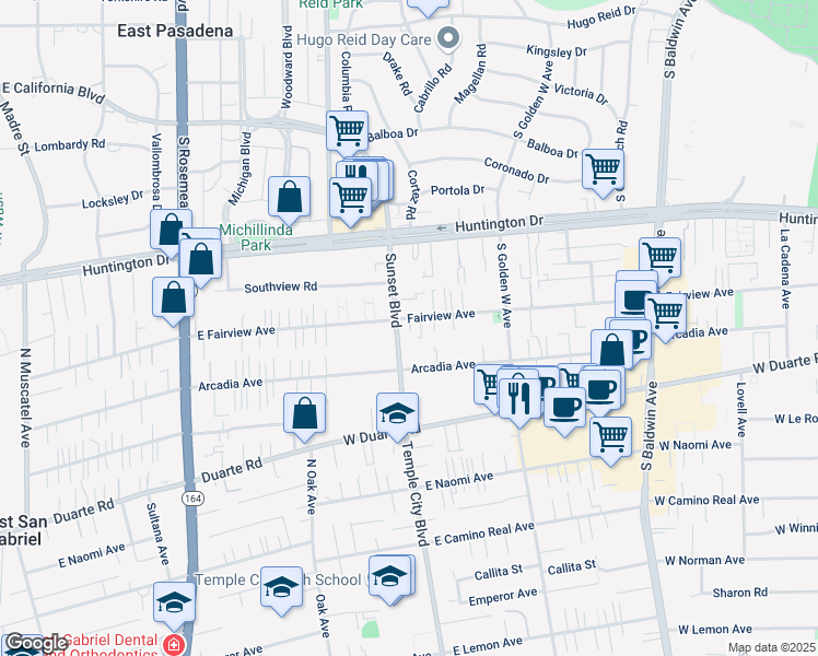 map of restaurants, bars, coffee shops, grocery stores, and more near Fairview Avenue in Arcadia