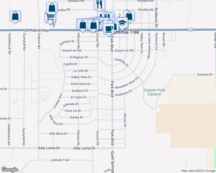 map of restaurants, bars, coffee shops, grocery stores, and more near 6884 Park Boulevard in Joshua Tree