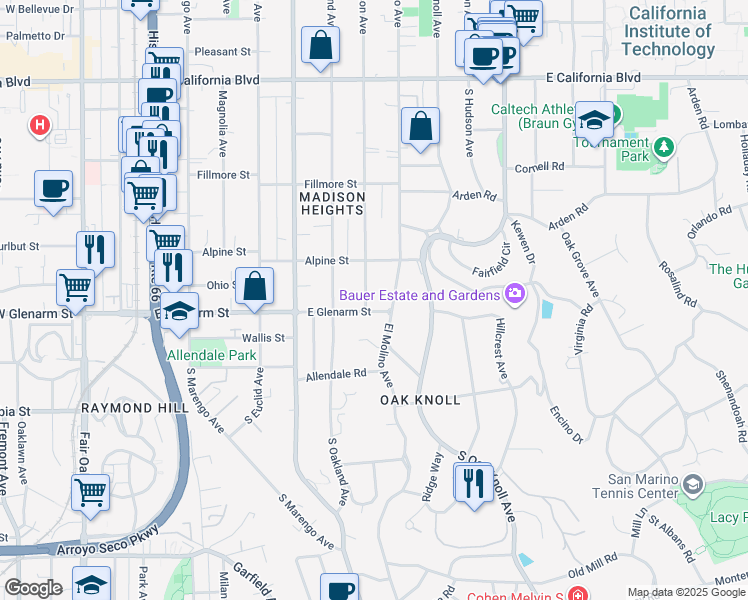 map of restaurants, bars, coffee shops, grocery stores, and more near 1036 South Madison Avenue in Pasadena