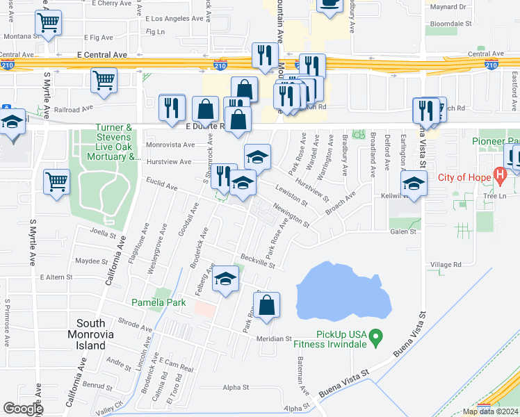 map of restaurants, bars, coffee shops, grocery stores, and more near 801 Cinnamon Lane in Duarte