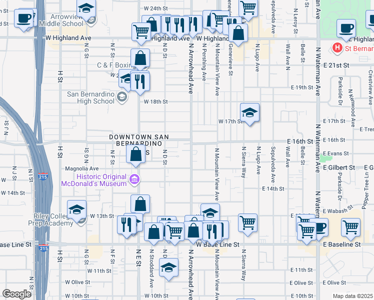map of restaurants, bars, coffee shops, grocery stores, and more near 1566 North Arrowhead Avenue in San Bernardino