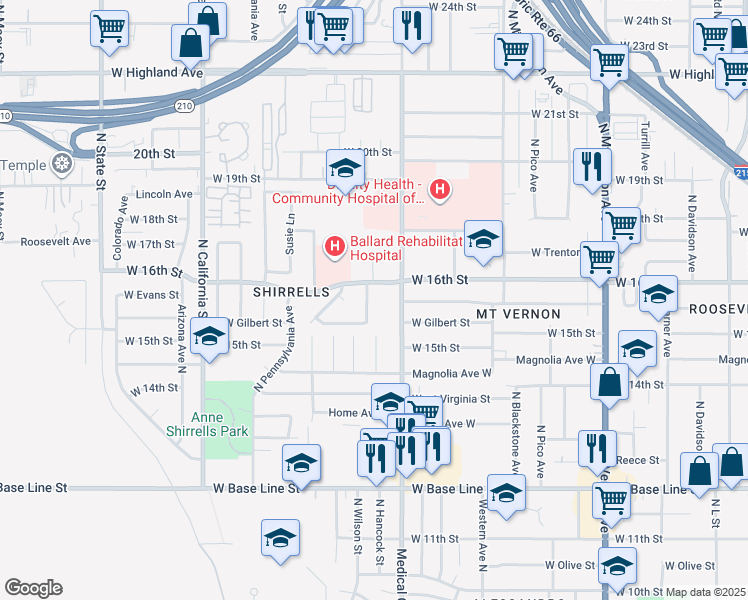 map of restaurants, bars, coffee shops, grocery stores, and more near 1575 North Hancock Street in San Bernardino