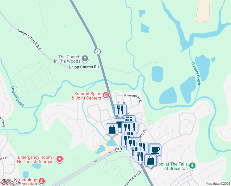 map of restaurants, bars, coffee shops, grocery stores, and more near 5920 Park Bend Ave in Braselton