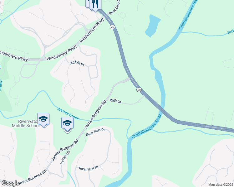 map of restaurants, bars, coffee shops, grocery stores, and more near 90 Ruth Lane in Cumming