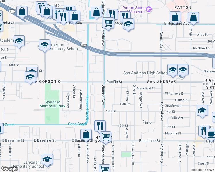 map of restaurants, bars, coffee shops, grocery stores, and more near 6909 Victoria Avenue in Riverside