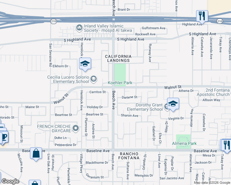 map of restaurants, bars, coffee shops, grocery stores, and more near 6934 Fremontia Avenue in Fontana