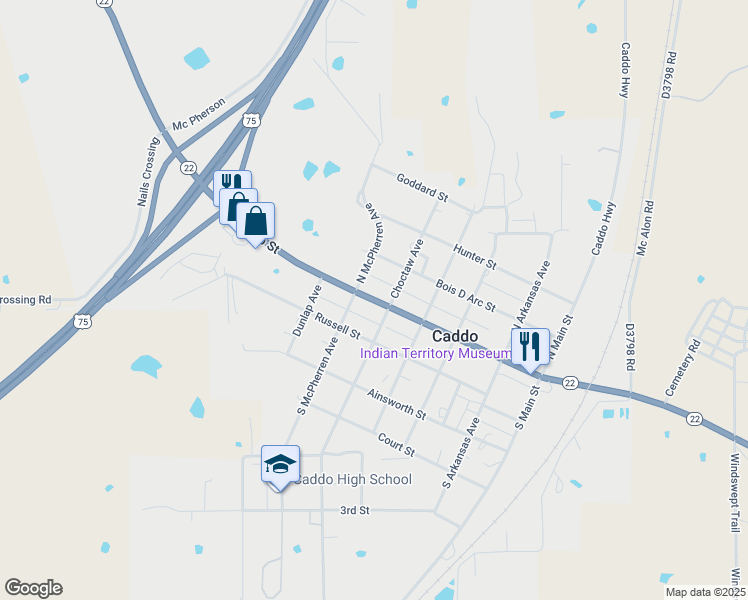 map of restaurants, bars, coffee shops, grocery stores, and more near Buffalo Street in Caddo