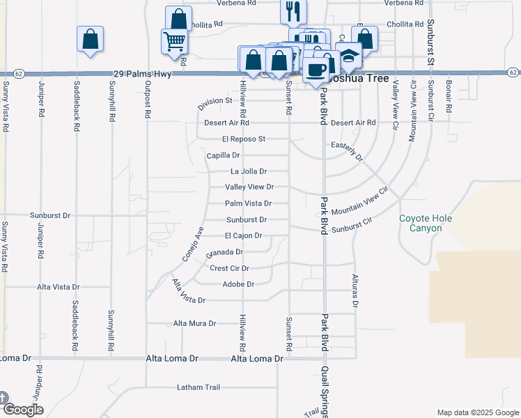 map of restaurants, bars, coffee shops, grocery stores, and more near 61619 Palm Vista Drive in Joshua Tree