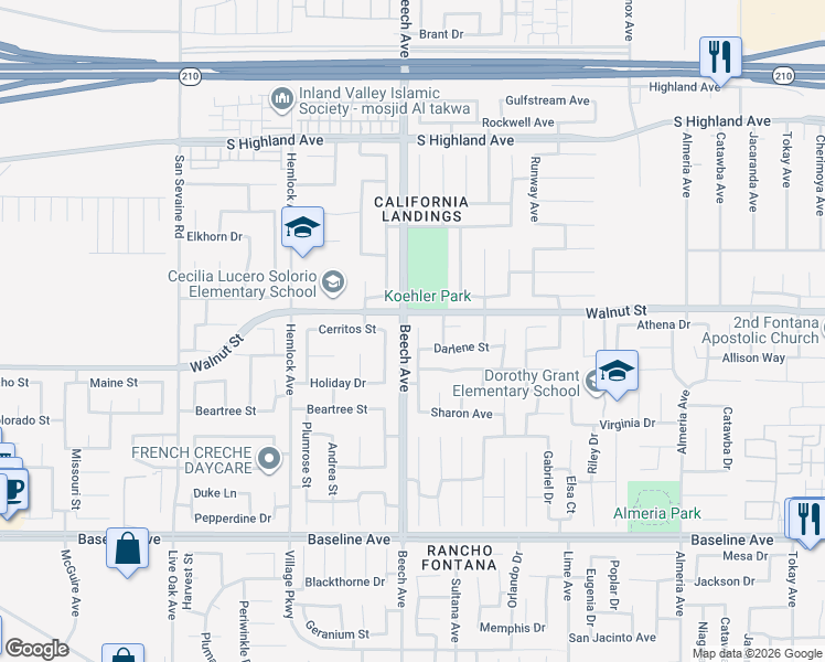 map of restaurants, bars, coffee shops, grocery stores, and more near 6934 Fremontia Avenue in Fontana