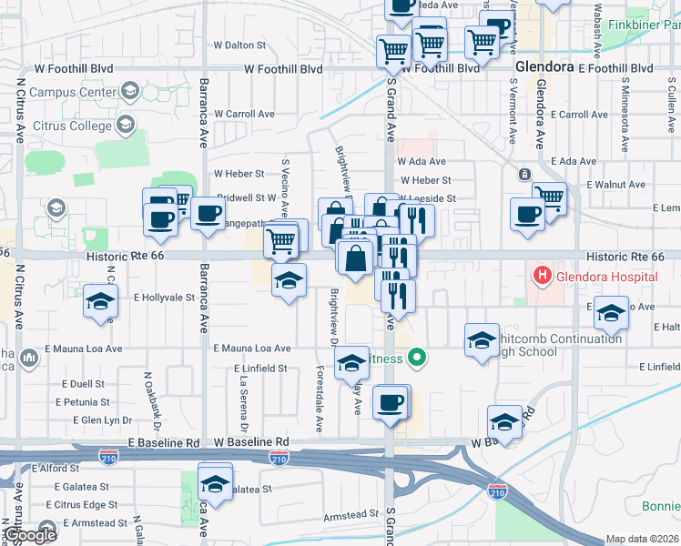 map of restaurants, bars, coffee shops, grocery stores, and more near 610 West Route 66 in Glendora