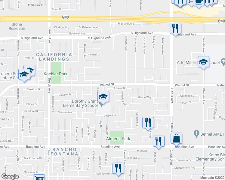 map of restaurants, bars, coffee shops, grocery stores, and more near 15717 Athena Drive in Fontana