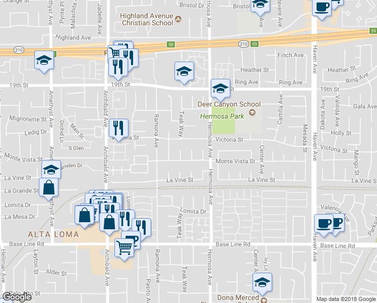 map of restaurants, bars, coffee shops, grocery stores, and more near 6948 Cambridge Avenue in Rancho Cucamonga
