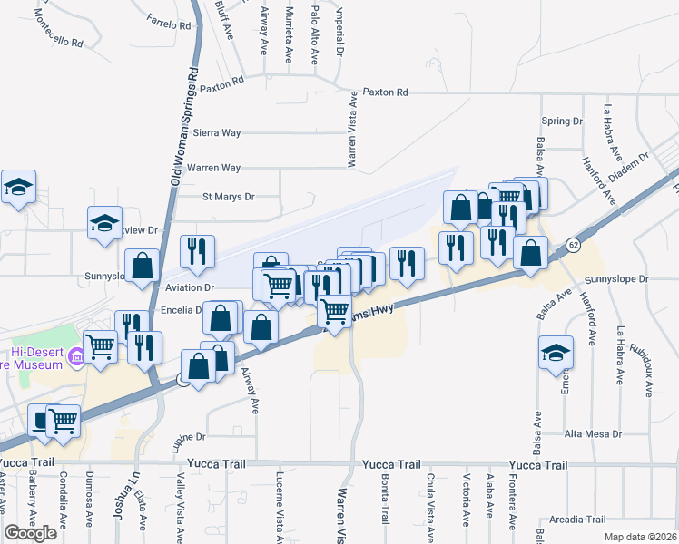 map of restaurants, bars, coffee shops, grocery stores, and more near 57675 Sunnyslope Drive in Yucca Valley