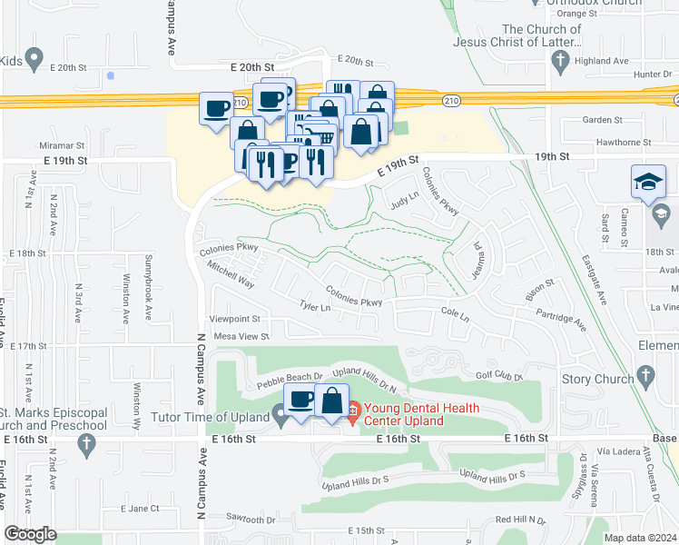 map of restaurants, bars, coffee shops, grocery stores, and more near 1238 Leggio Lane in Upland