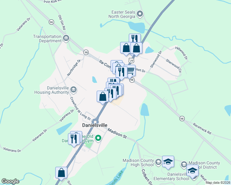 map of restaurants, bars, coffee shops, grocery stores, and more near 220 General Daniels Avenue North in Danielsville