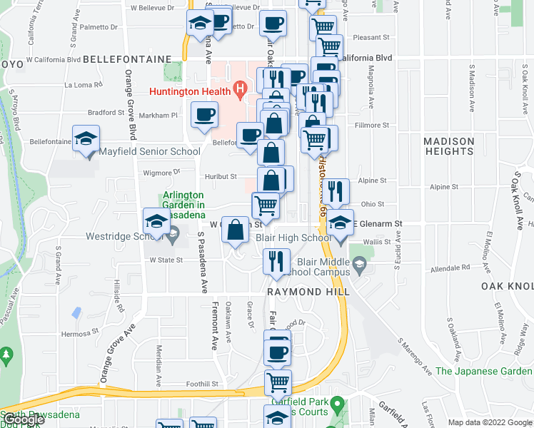 map of restaurants, bars, coffee shops, grocery stores, and more near 1035 South Fair Oaks Avenue in Pasadena