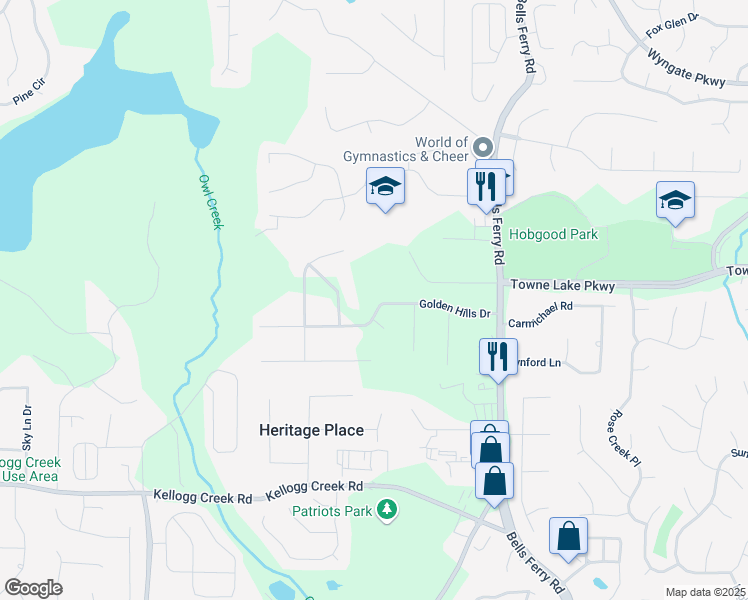 map of restaurants, bars, coffee shops, grocery stores, and more near 128 Golden Hills Drive in Woodstock