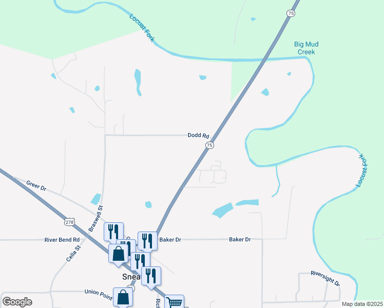 map of restaurants, bars, coffee shops, grocery stores, and more near 43617 Alabama 75 in Snead