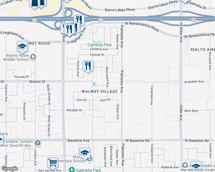 map of restaurants, bars, coffee shops, grocery stores, and more near Walnut Avenue in Fontana