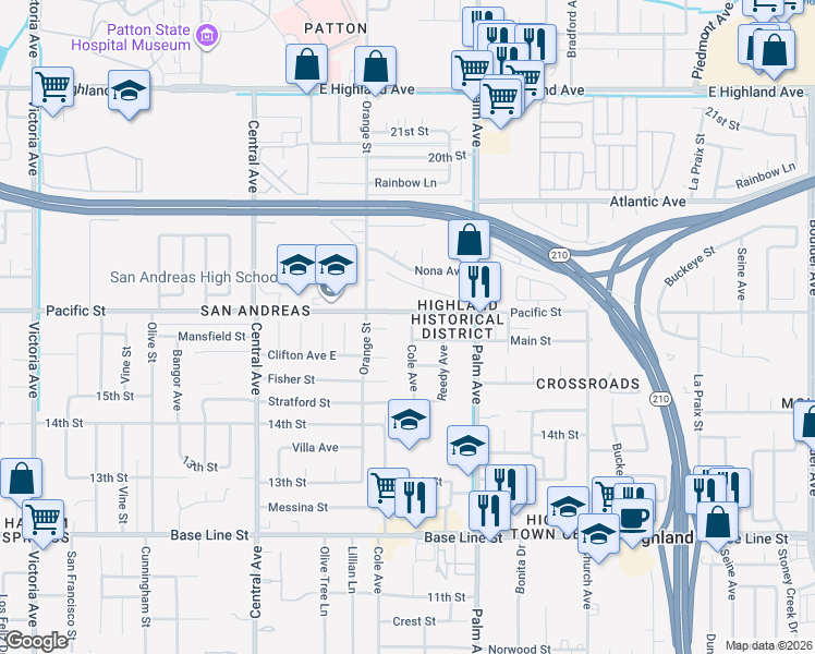 map of restaurants, bars, coffee shops, grocery stores, and more near 6926 Cole Avenue in Highland