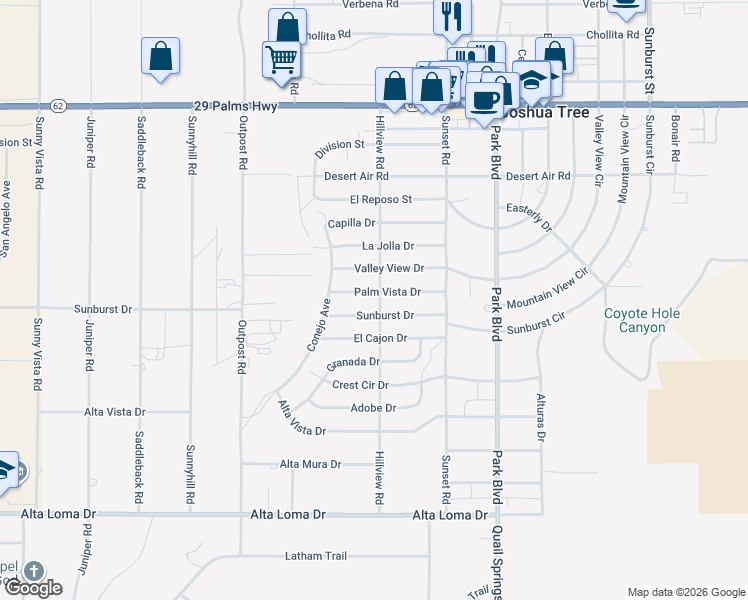 map of restaurants, bars, coffee shops, grocery stores, and more near 61561 Palm Vista Drive in Joshua Tree