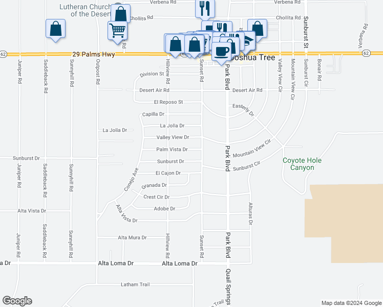 map of restaurants, bars, coffee shops, grocery stores, and more near 61673 Palm Vista Drive in Joshua Tree