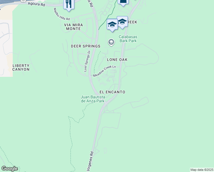 map of restaurants, bars, coffee shops, grocery stores, and more near 3800 Orchid Lane in Calabasas