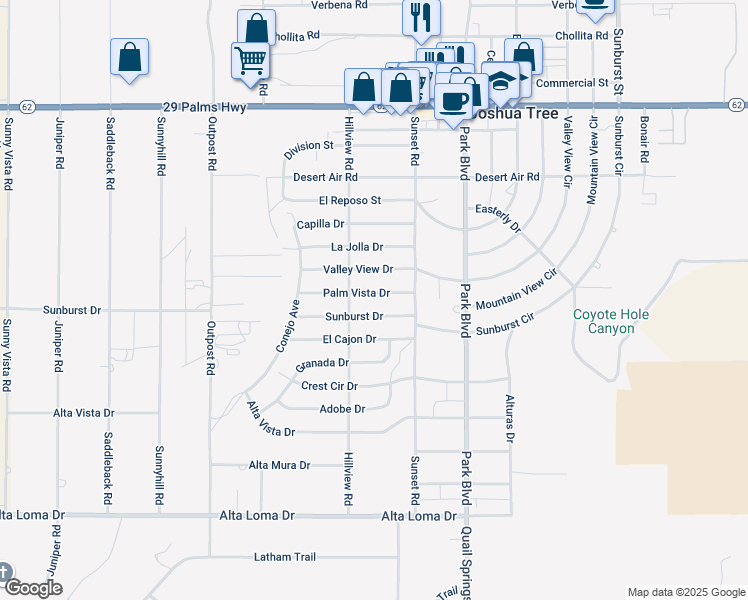 map of restaurants, bars, coffee shops, grocery stores, and more near 61619 Palm Vista Drive in Joshua Tree