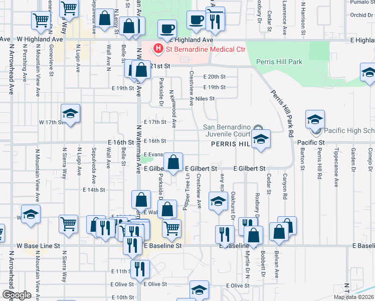 map of restaurants, bars, coffee shops, grocery stores, and more near 532 East Evans Street in San Bernardino