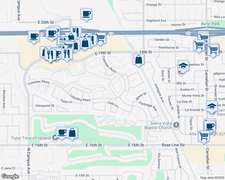 map of restaurants, bars, coffee shops, grocery stores, and more near 1410 Gorgen Lane in Upland