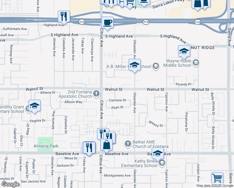 map of restaurants, bars, coffee shops, grocery stores, and more near 6929 Winter Night Avenue in Fontana
