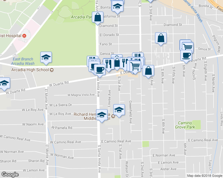 map of restaurants, bars, coffee shops, grocery stores, and more near 1100 Louise Avenue in Arcadia