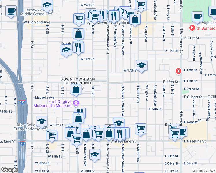 map of restaurants, bars, coffee shops, grocery stores, and more near 1566 North Arrowhead Avenue in San Bernardino