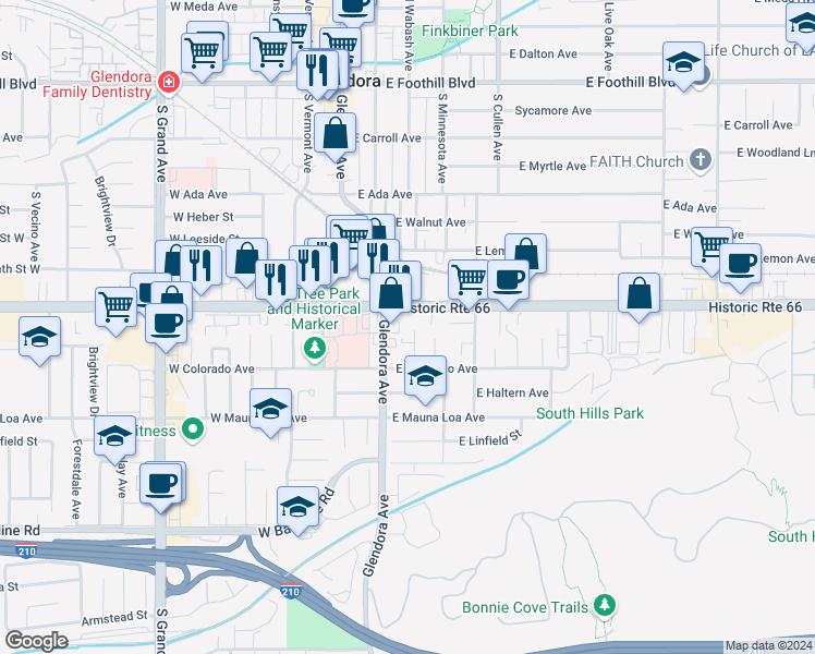 map of restaurants, bars, coffee shops, grocery stores, and more near 627 South Wabash Avenue in Glendora