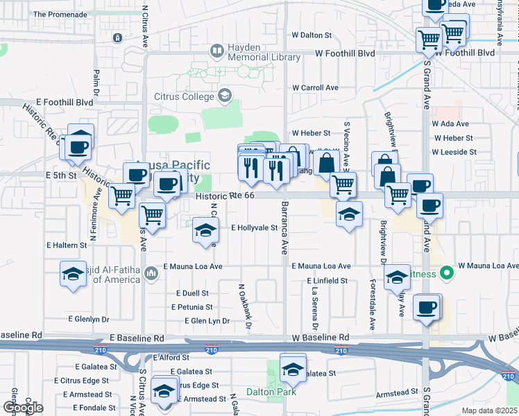 map of restaurants, bars, coffee shops, grocery stores, and more near 1150 East Alosta Avenue in Azusa