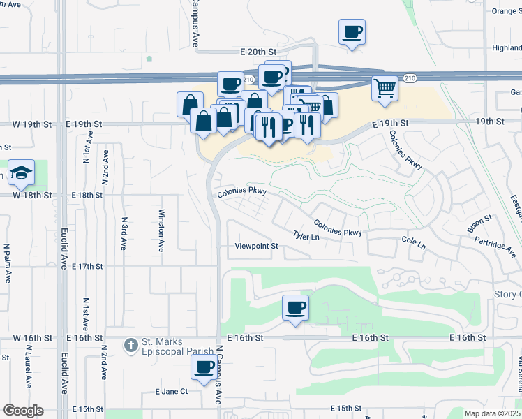 map of restaurants, bars, coffee shops, grocery stores, and more near 872 Matthys Way in Upland