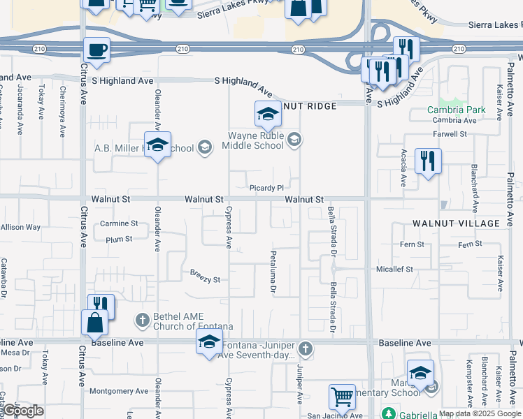 map of restaurants, bars, coffee shops, grocery stores, and more near 6931 Caswell Lane in Fontana