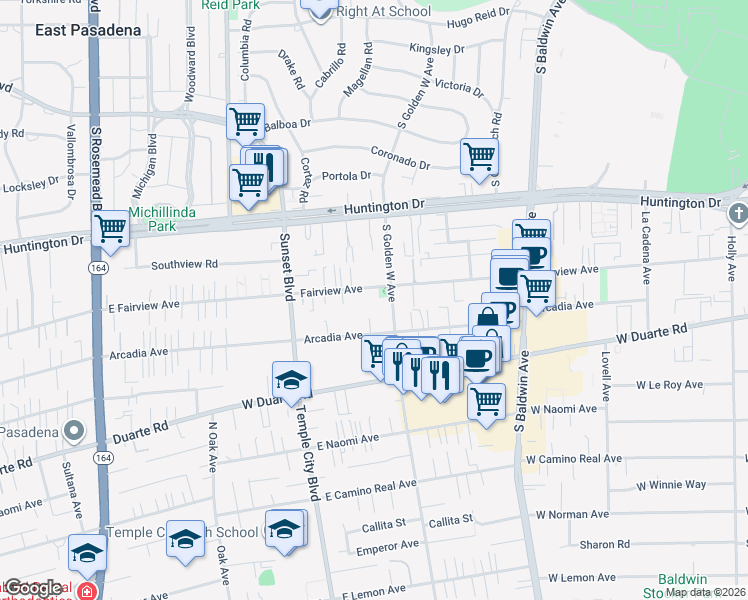 map of restaurants, bars, coffee shops, grocery stores, and more near 914 Fairview Avenue in Arcadia